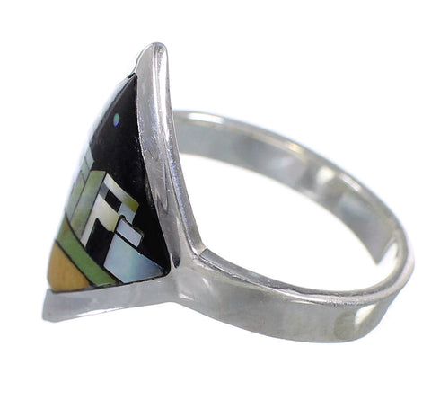 Southwestern Multicolor Inlay Sterling Silver Native American Village Design Ring Size 5 YX78206